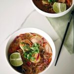 Thai noodle soup with shrimps and mushrooms